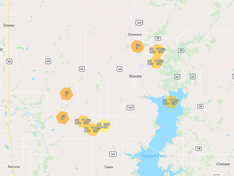 Hail map of Nowata, OK on Jul 5, 2026, hail up to 1"