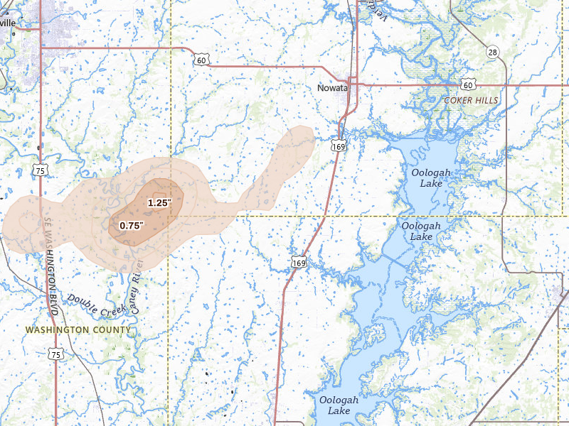 Radar-estimated hail-size map of the storm over Nowata, OK on Jul 11, 2026