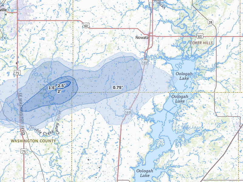 NEXRAD radar-signature map of the hail storm over Nowata, OK on Jul 11, 2026