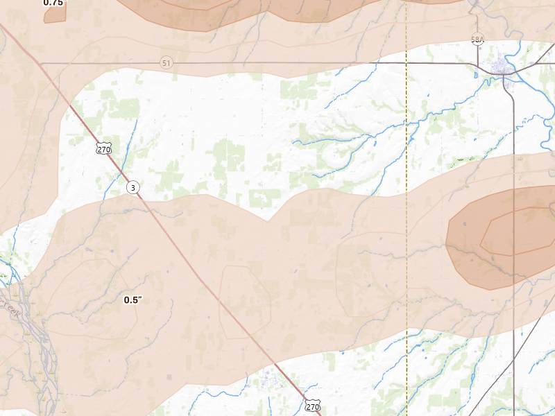 Radar-estimated hail-size map of the storm over Oakwood, OK on Apr 17, 2026