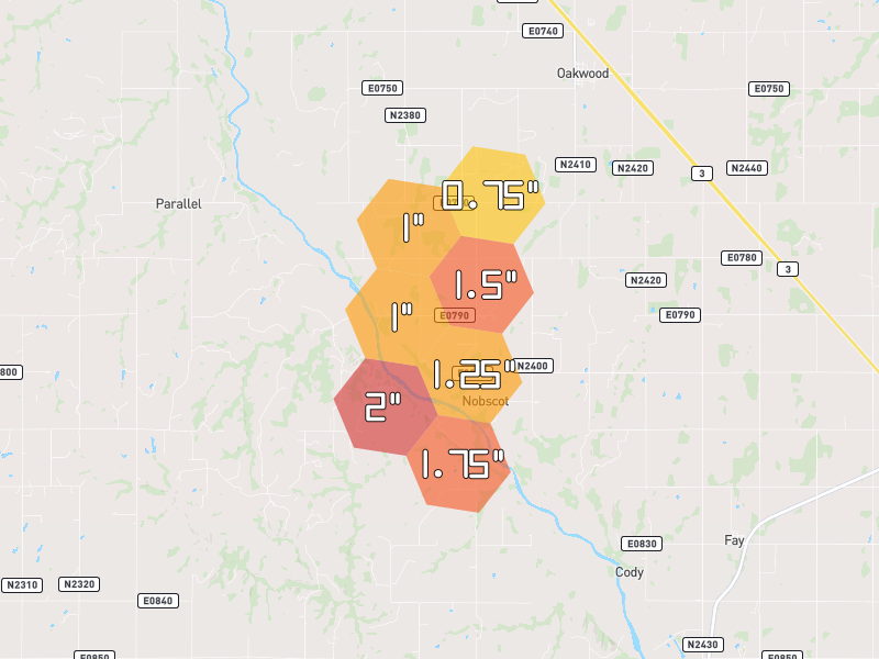Hail map of Oakwood, OK on Jun 2, 2026, hail up to 2"