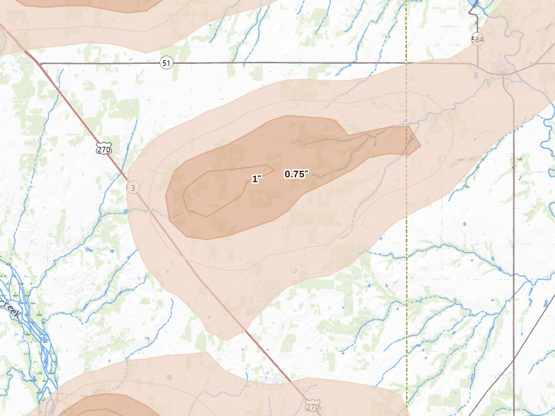 Radar-estimated hail-size map of the storm over Oakwood, OK on Jun 26, 2026