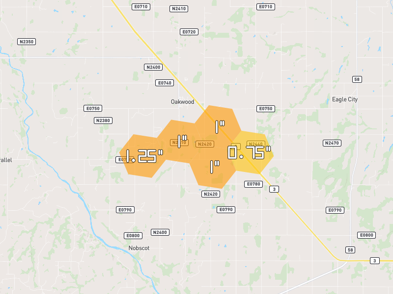 Hail map of Oakwood, OK on Jun 27, 2026, hail up to 1.25"