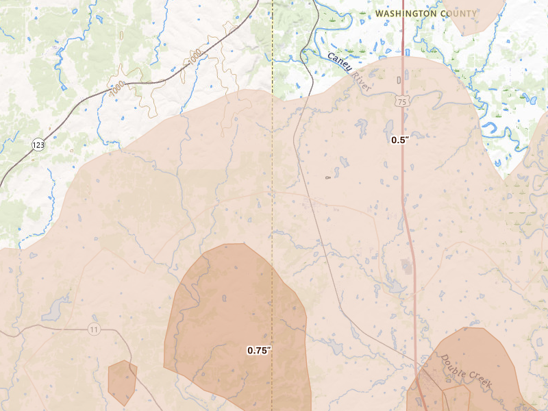 Radar-estimated hail-size map of the storm over Ochelata, OK on Apr 23, 2026