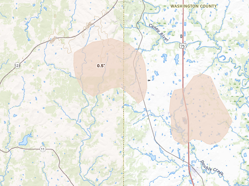 Radar-estimated hail-size map of the storm over Ochelata, OK on Jun 25, 2026