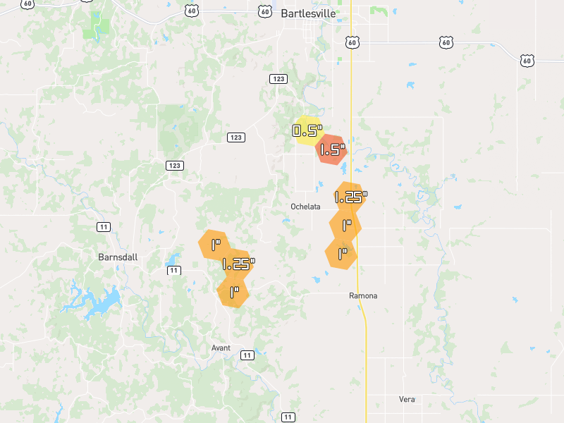 Hail map of Ochelata, OK on Jul 5, 2026, hail up to 1.5"