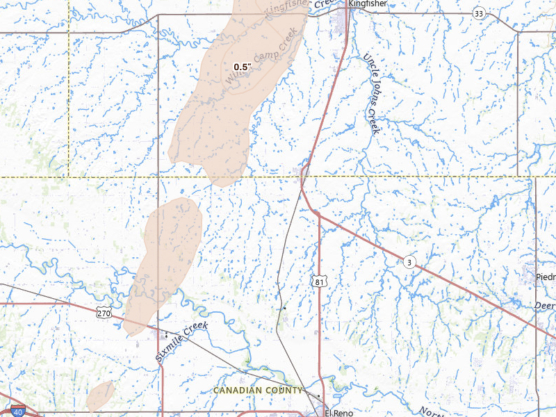 Radar-estimated hail-size map of the storm over Okarche, OK on Mar 10, 2026