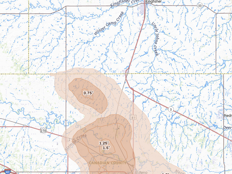 Radar-estimated hail-size map of the storm over Okarche, OK on Jun 11, 2026