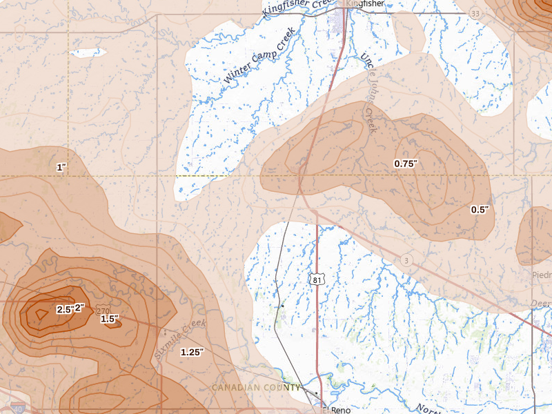 Radar-estimated hail-size map of the storm over Okarche, OK on Jun 26, 2026