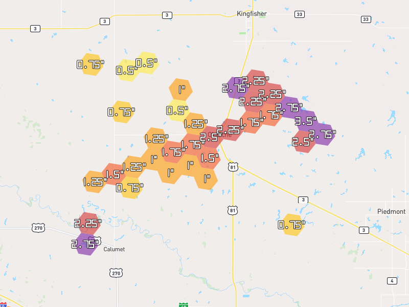 Hail map of Okarche, OK on Jun 27, 2026, hail up to 3.5"