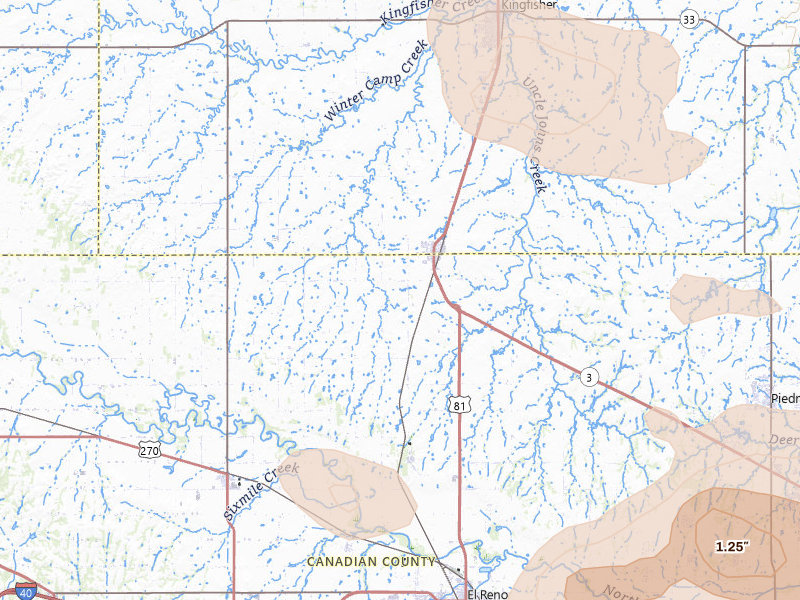 Radar-estimated hail-size map of the storm over Okarche, OK on Jul 4, 2026