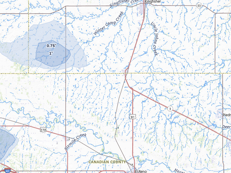 NEXRAD radar-signature map of the hail storm over Okarche, OK on Jul 11, 2026