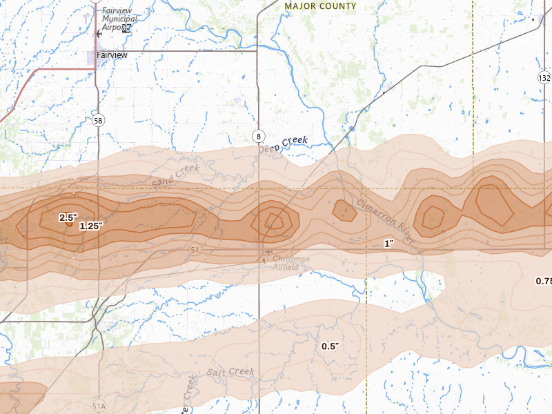 Radar-estimated hail-size map of the storm over Okeene, OK on Apr 17, 2026