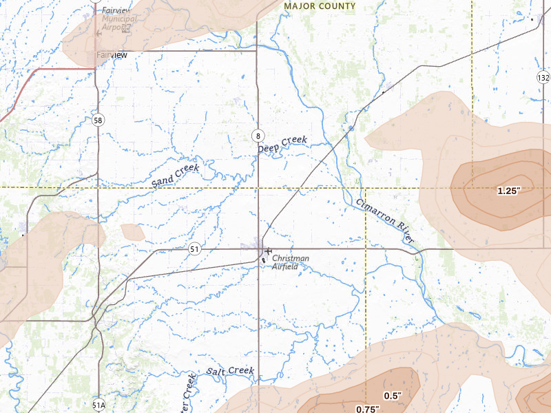 Radar-estimated hail-size map of the storm over Okeene, OK on Jun 26, 2026