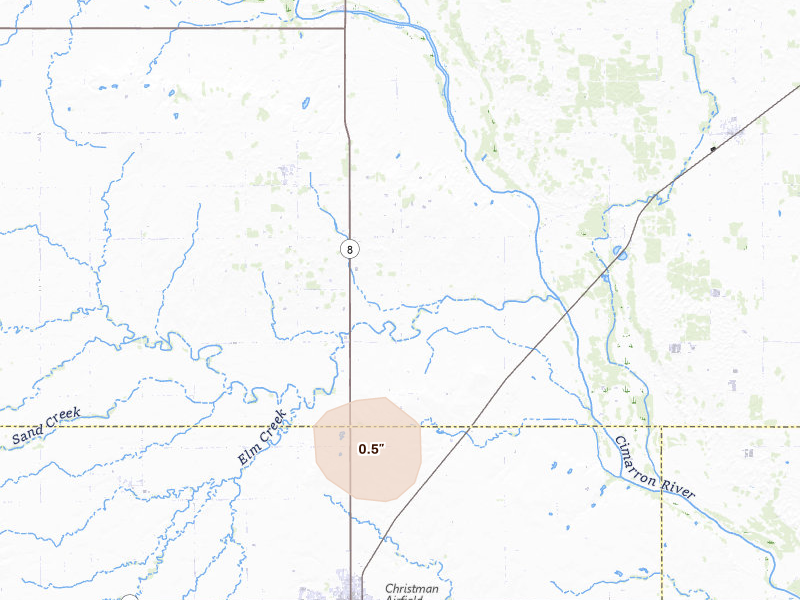 Radar-estimated hail-size map of the storm over Okeene, OK on Aug 6, 2026
