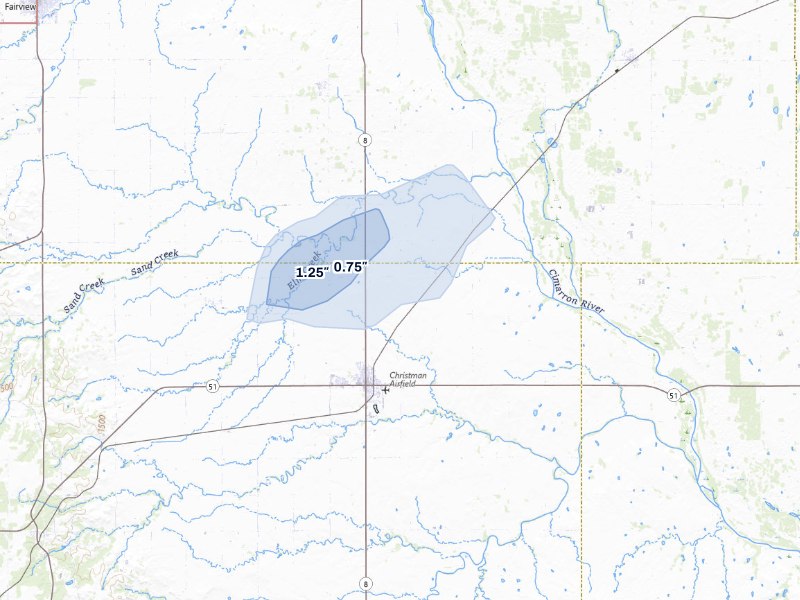 NEXRAD radar-signature map of the hail storm over Okeene, OK on Aug 6, 2026