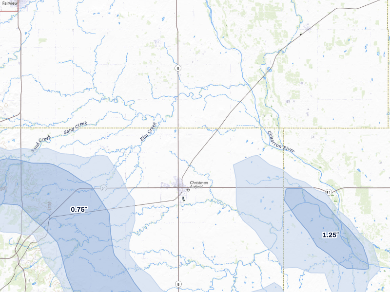 NEXRAD radar-signature map of the hail storm over Okeene, OK on Aug 7, 2026