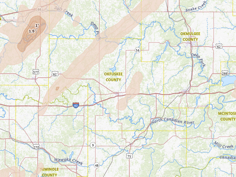 Radar-estimated hail-size map of the storm over Okemah, OK on Mar 6, 2026
