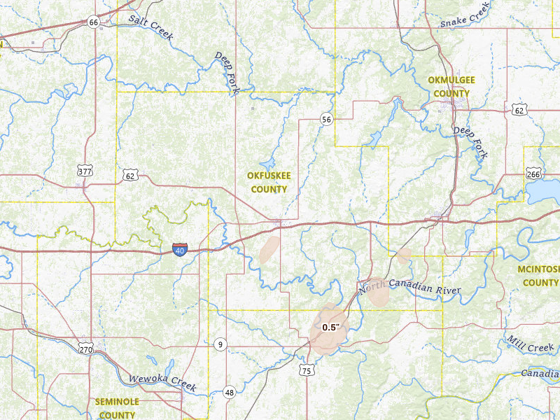 Radar-estimated hail-size map of the storm over Okemah, OK on Apr 3, 2026