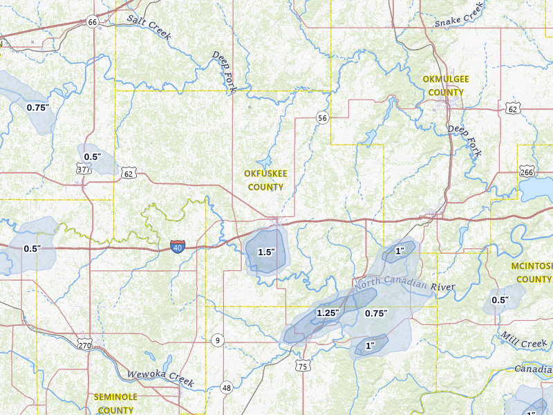 NEXRAD radar-signature map of the hail over Okemah, OK