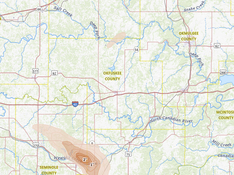 Radar-estimated hail-size map of the storm over Okemah, OK on Apr 24, 2026