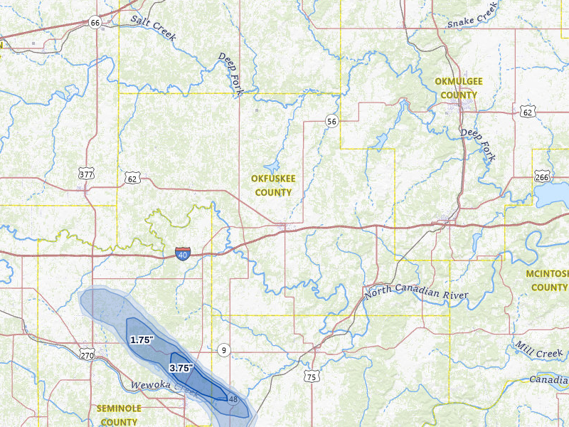 NEXRAD radar-signature map of the hail over Okemah, OK