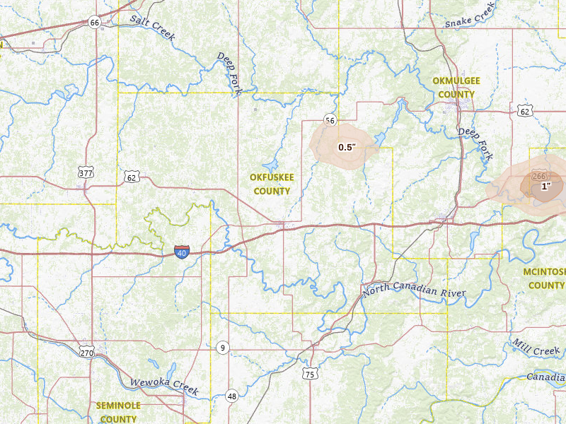 Radar-estimated hail-size map of the storm over Okemah, OK on Jun 24, 2026