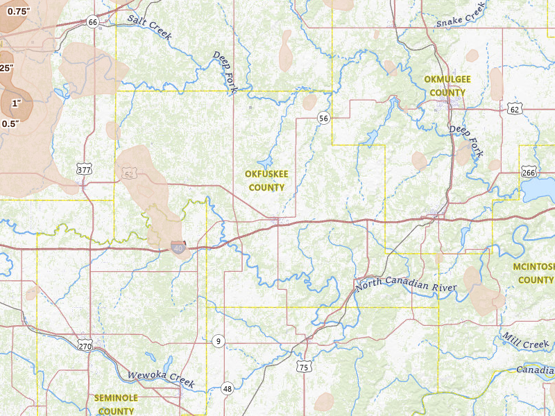 Radar-estimated hail-size map of the storm over Okemah, OK on Jul 4, 2026