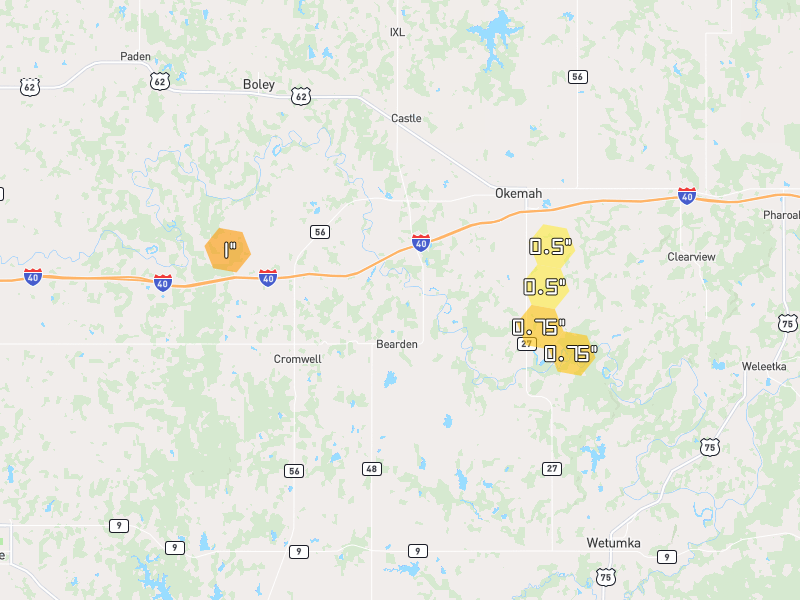 Hail map of Okemah, OK on Jul 5, 2026, hail up to 1"