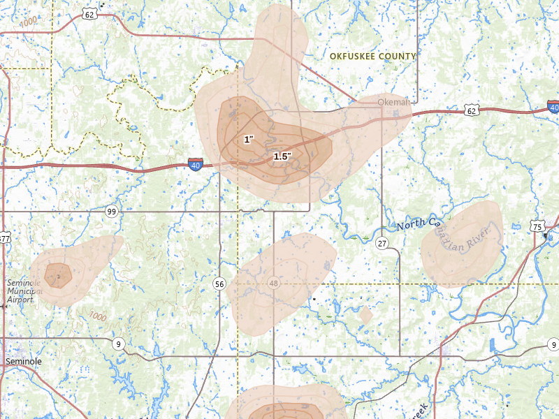 Radar-estimated hail-size map of the storm over Okemah, OK on Aug 7, 2026