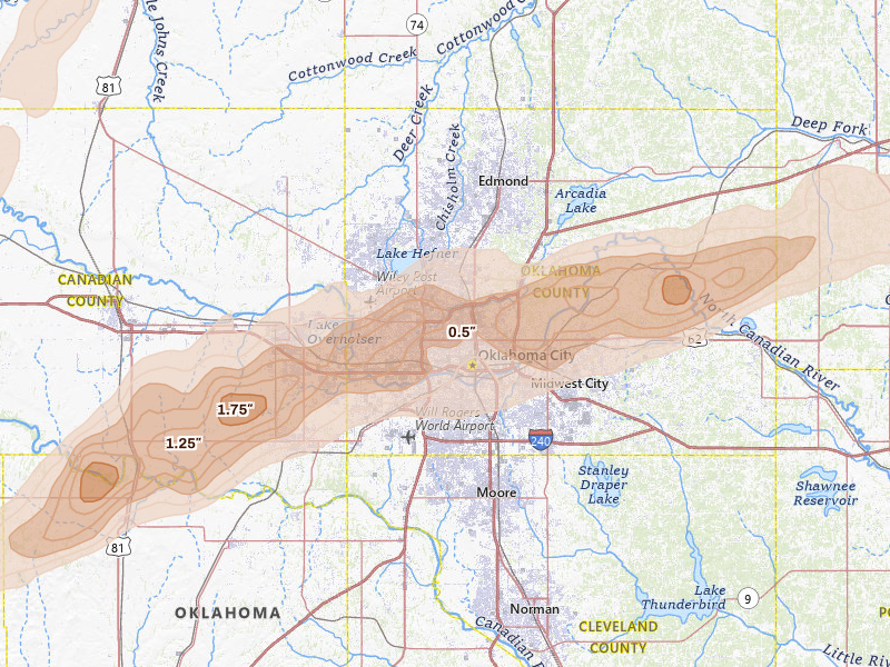 Radar-estimated hail-size map of the storm over Oklahoma City, OK on Mar 10, 2026
