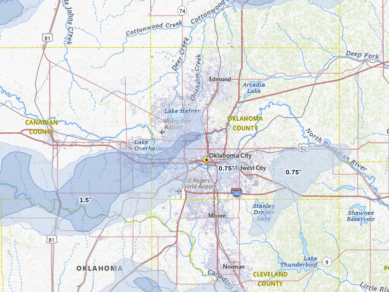 NEXRAD radar-signature map of the hail over Oklahoma City, OK