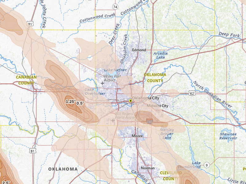 Radar-estimated hail-size map of the storm over Oklahoma City, OK on May 8, 2026