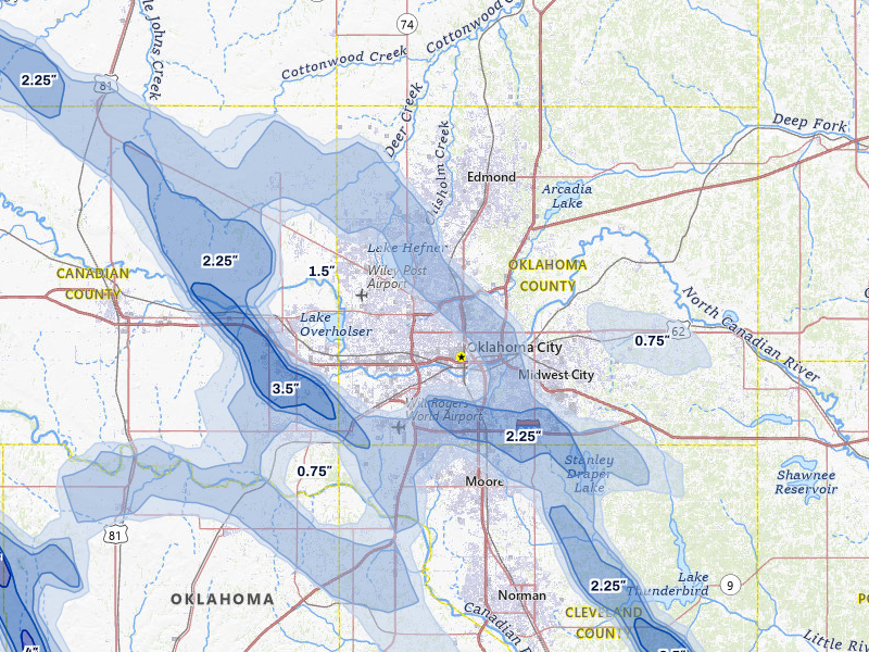 NEXRAD radar-signature map of the hail storm over Oklahoma City, OK on May 8, 2026
