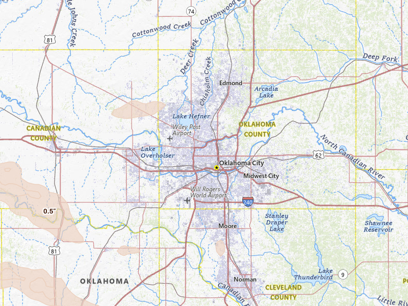 Radar-estimated hail-size map of the storm over Oklahoma City, OK on May 9, 2026