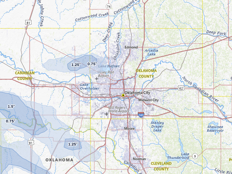 NEXRAD radar-signature map of the hail over Oklahoma City, OK