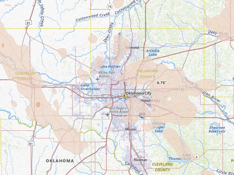 Radar-estimated hail-size map of the storm over Oklahoma City, OK