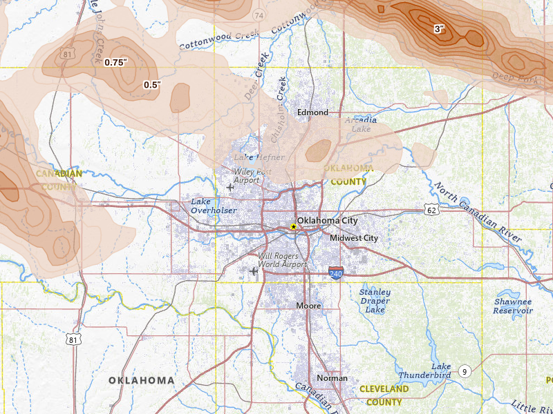 Radar-estimated hail-size map of the storm over Oklahoma City, OK on Jun 26, 2026