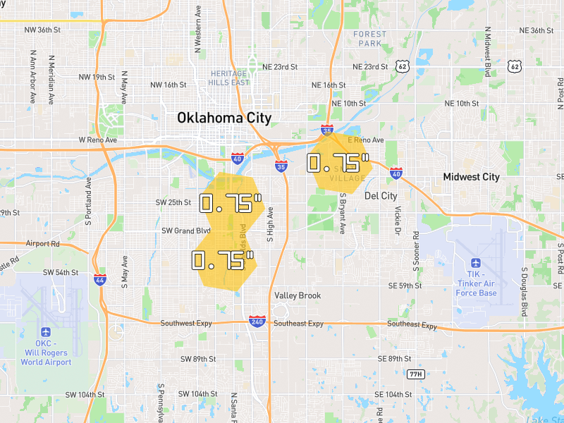 Hail map of Oklahoma City, OK on Jun 27, 2026, hail up to 0.75"