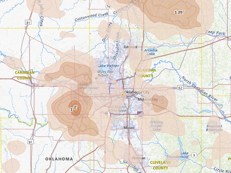 Radar-estimated hail-size map of the storm over Oklahoma City, OK on Jul 4, 2026