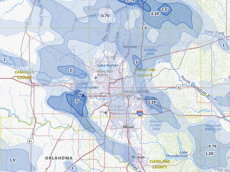 NEXRAD radar-signature map of the hail over Oklahoma City, OK