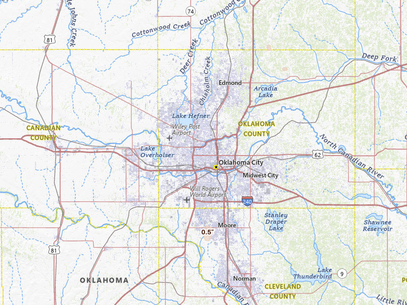 Radar-estimated hail-size map of the storm over Oklahoma City, OK on Jul 15, 2026