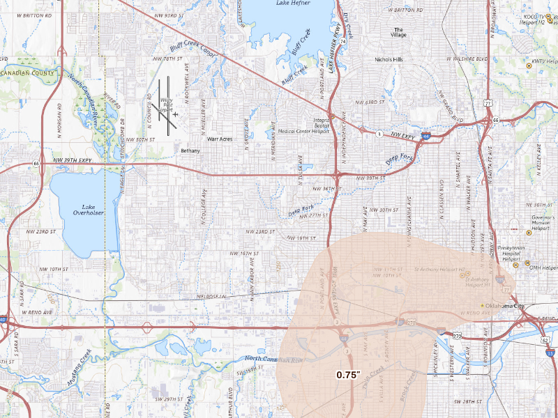 Radar-estimated hail-size map of the storm over Oklahoma City, OK