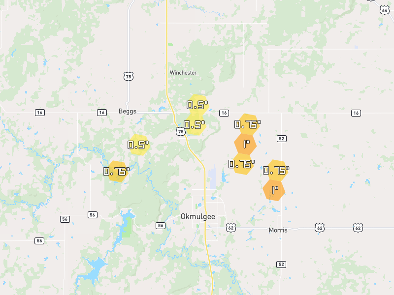 Hail map of Okmulgee, OK on Jul 5, 2026, hail up to 1"