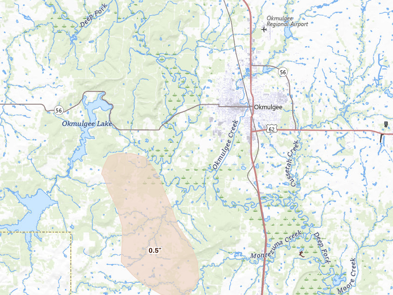 Radar-estimated hail-size map of the storm over Okmulgee, OK on Aug 20, 2026
