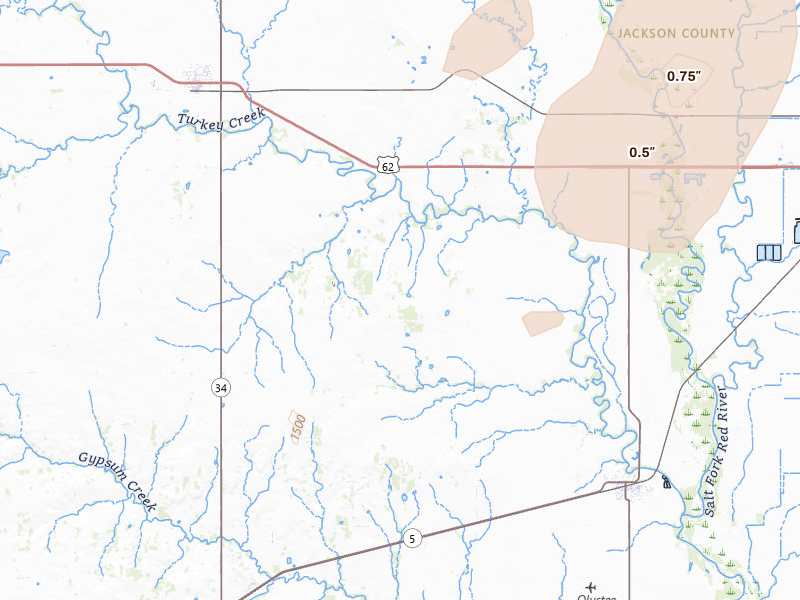 Radar-estimated hail-size map of the storm over Olustee, OK on Apr 3, 2026