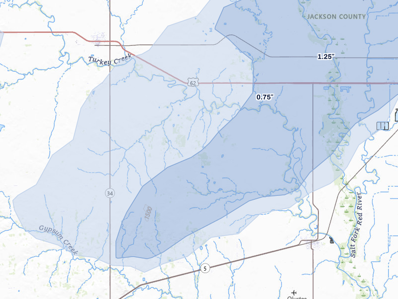 NEXRAD radar-signature map of the hail over Olustee, OK