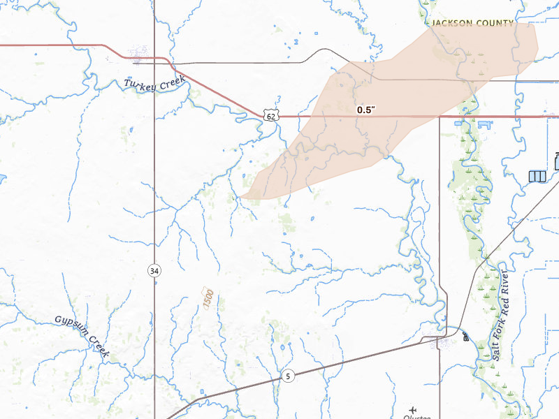 Radar-estimated hail-size map of the storm over Olustee, OK on Apr 17, 2026