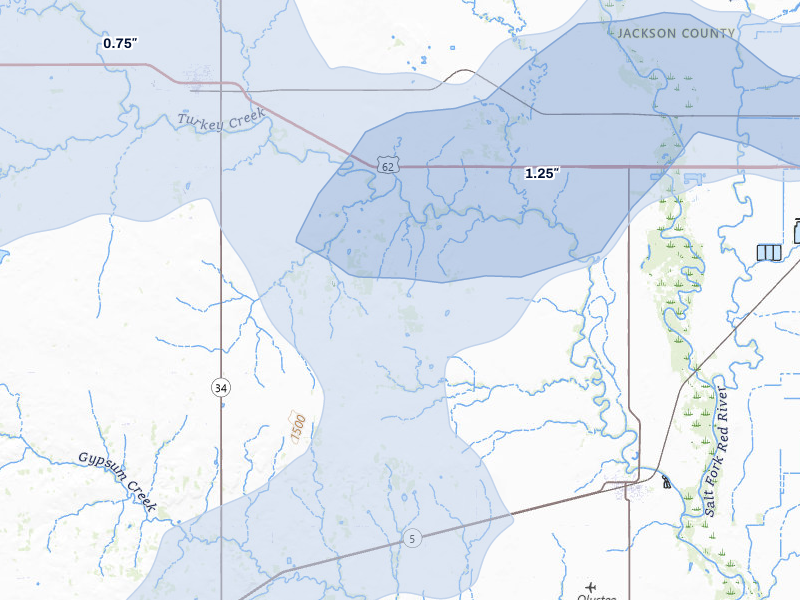 NEXRAD radar-signature map of the hail over Olustee, OK