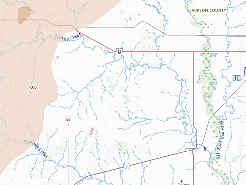 Radar-estimated hail-size map of the storm over Olustee, OK on May 18, 2026